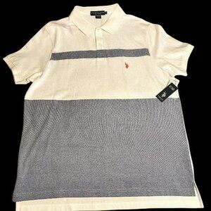 US POLO ASSN White Blue Classic Striped 2XL Polo Collared Logo SS Shirt NWT